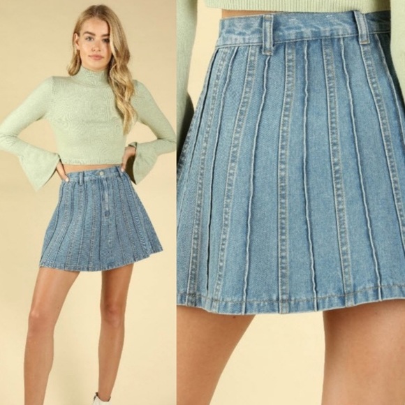 High Waist Paneled Flare Med Blue Wash Denim Skirt - Picture 2 of 5